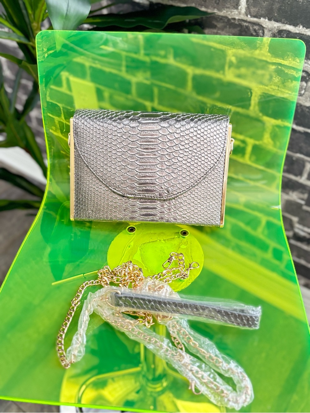 Metallic Silver Snake-Embossed Mini Crossbody Clutch with Chain Strap